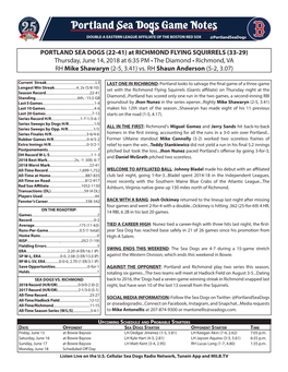 PORTLAND SEA DOGS (22-41) at RICHMOND FLYING SQUIRRELS (33-29) Thursday, June 14, 2018 at 6:35 PM • the Diamond • Richmond, VA RH Mike Shawaryn (2-5, 3.41) Vs