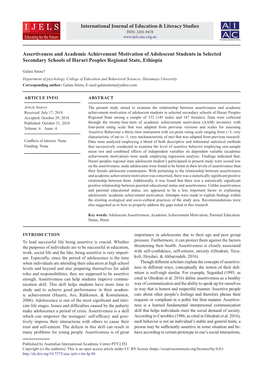 Assertiveness and Academic Achievement Motivation of Adolescent Students in Selected Secondary Schools of Harari Peoples Regional State, Ethiopia