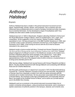 Anthony Halstead Has Been a Leader in the Period Instrument Movement As Horn Player, Harpsichordist, Scholar, Advisor, and Conductor