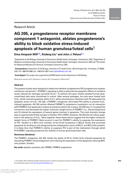 AG 205, a Progesterone Receptor Membrane Component 1 Antagonist, Ablates Progesterone's Ability to Block Oxidative Stress-Indu