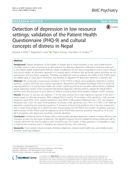 Validation of the Patient Health Questionnaire (PHQ-9) and Cultural Concepts of Distress in Nepal Brandon A