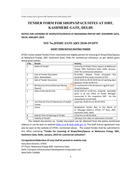 Tender Form for Shops/Space/Sites at Isbt, Kashmere Gate, Delhi