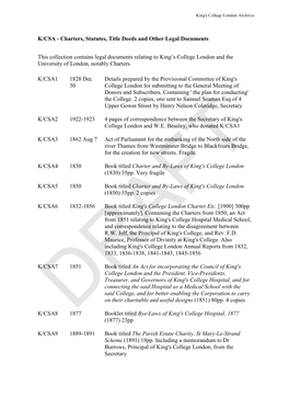 K/CSA Charters and Statutes Draft Catalogue