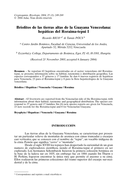 Hepáticas Del Roraima-Tepui I