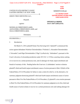 UNITED STATES DISTRICT COURT 9/29/2015 2:42 Pm EASTERN DISTRICT of NEW YORK ------X U.S