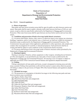 State of Connecticut Regulation of Department of Energy and Environmental Protection Concerning State Park Rules