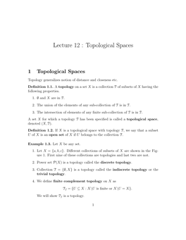 Lecture 12 : Topological Spaces