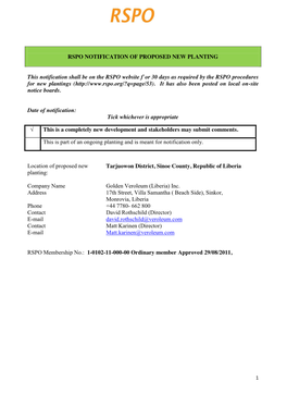 RSPO NOTIFICATION of PROPOSED NEW PLANTING This