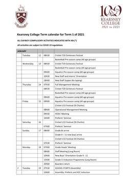 Kearsney College Term Calendar for Term 1 of 2021