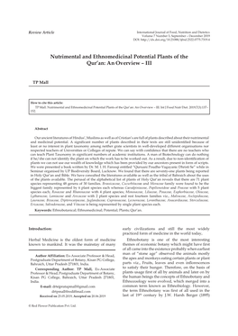 Nutrimental and Ethnomedicinal Potential Plants of the Qur'an