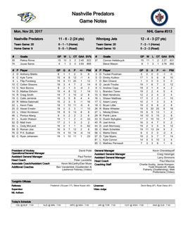 Nashville Predators Game Notes