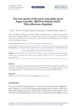 Two New Species of the Purse-Web Spider Genus Atypus Latreille, 1804 from Hainan Island, China (Araneae, Atypidae)