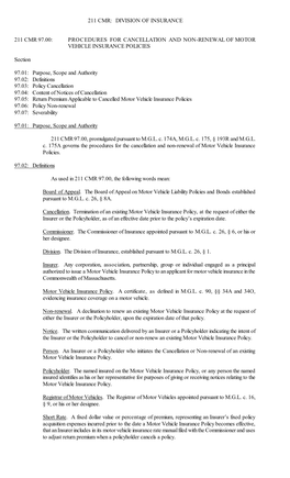 Division of Insurance 211 Cmr 97.00: Procedures for Cancellation and Non-Renewal of Motor Vehicle Insurance Policie