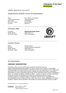 (M/W) Als Spieletester Company Data Contact Person Job Description