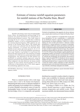 Estimate of Intense Rainfall Equation Parameters for Rainfall Stations of the Paraíba State, Brazil1