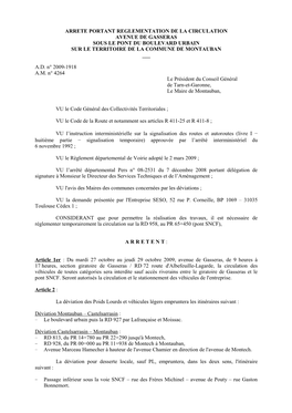 Arrete Portant Reglementation De La Circulation Avenue De Gasseras Sous Le Pont Du Boulevard Urbain Sur Le Territoire De La Commune De Montauban ___