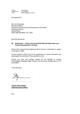 East Gippsland Shire Council’S Submission in Regard to the Above Matter