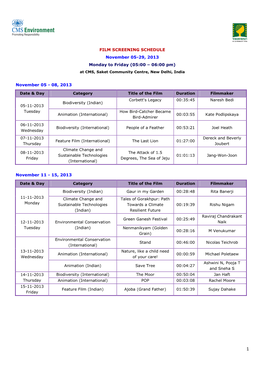 FILM SCREENING SCHEDULE November 05-29, 2013 Monday to Friday (05:00 – 06:00 Pm) at CMS, Saket Community Centre, New Delhi, India