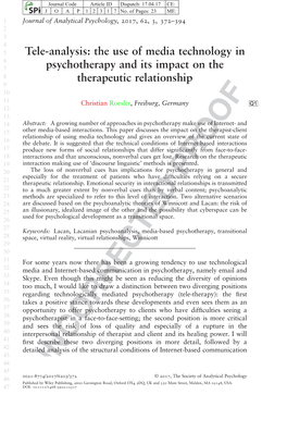 Tele-Analysis: the Use of Media Technology in Psychotherapy and Its