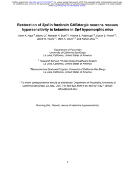 Restoration of Sp4 in Forebrain Gabaergic Neurons Rescues Hypersensitivity to Ketamine in Sp4 Hypomorphic Mice