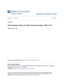 The Formative Years of a Saint: Vincent De Paul: 1595–1617