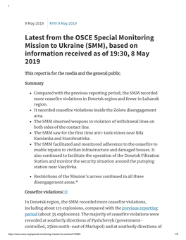 SMM), Based on Information Received As of 19:30, 8 May 2019 | OSCE