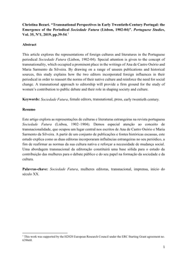 Christina Bezari. “Transnational Perspectives in Early Twentieth-Century Portugal: the Emergence of the Periodical Sociedade Futura (Lisbon, 1902-04)”