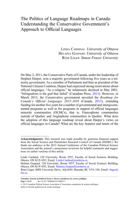 The Politics of Language Roadmaps in Canada: Understanding the Conservative Government’S Approach to Official Languages