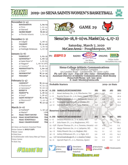 2019-20 SIENA SAINTS WOMEN's BASKETBALL Siena (10-18, 8-11) Vs. Marist (24-4, 17-2) GAME 29