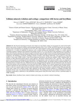 Lithium Mineral Evolution and Ecology: Comparison with Boron and Beryllium