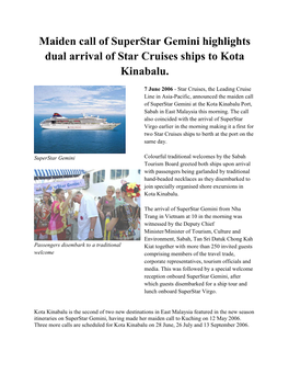 Maiden Call of Superstar Gemini Highlights Dual Arrival of Star Cruises Ships to Kota Kinabalu