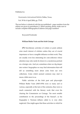 William Butler Yeats and the Irish Coinage