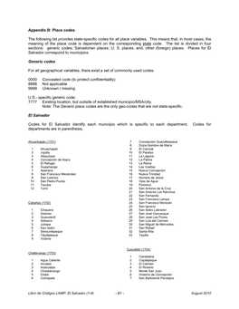 Appendix B: Place Codes the Following List Provides State-Specific