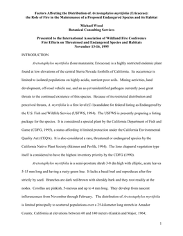 1 Factors Affecting the Distribution of Arctostaphylos Myrtifolia (Ericaceae