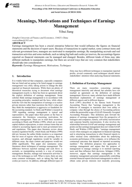 Meanings, Motivations and Techniques of Earnings Management Yihui Jiang