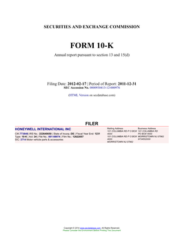 HONEYWELL INTERNATIONAL INC Form 10-K Annual Report Filed