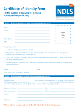 Certificate of Identity Form for the Purpose of Applying for a Driving Licence/Learner Permit Only