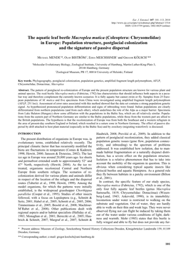 The Aquatic Leaf Beetle Macroplea Mutica (Coleoptera: Chrysomelidae) in Europe: Population Structure, Postglacial Colonization and the Signature of Passive Dispersal