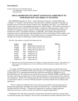 Sinclair Broadcast Group Announces Agreement to Purchase New Age Media Tv Stations