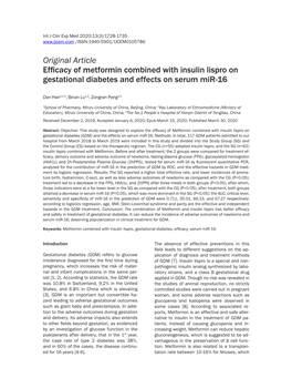 Original Article Efficacy of Metformin Combined with Insulin Lispro on Gestational Diabetes and Effects on Serum Mir-16