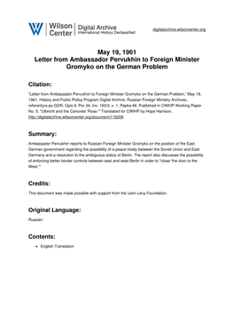 May 19, 1961 Letter from Ambassador Pervukhin to Foreign Minister Gromyko on the German Problem