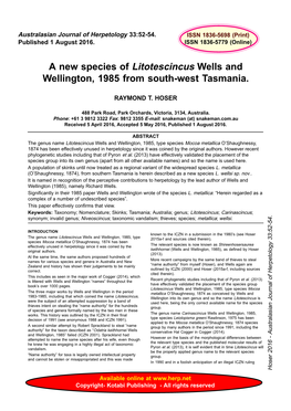 A New Species of Litotescincus Wells and Wellington, 1985 from South-West Tasmania