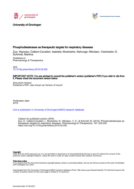 Phosphodiesterases As Therapeutic Targets for Respiratory Diseases