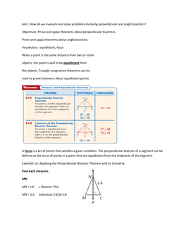 Aim : How Do We Evaluate and Solve Problems Involving Perpendicular and Angle Bisectors?