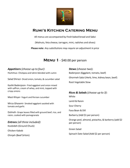 Rumi's Kitchen Catering Menu