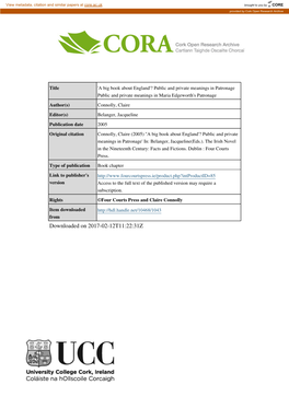 Downloaded on 2017-02-12T11:22:31Z Jacqueline Belanger (Ed.), the Irish Novel in the Nineteenth Century: Facts and Fictions (Dublin: Four Courts, 2005), Pp