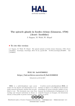 The Spiracle Glands in Ixodes Ricinus (Linnaeus, 1758) (Acari: Ixodidae) J