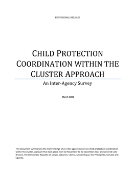 CHILD PROTECTION COORDINATION WITHIN the CLUSTER APPROACH an Inter‐Agency Survey