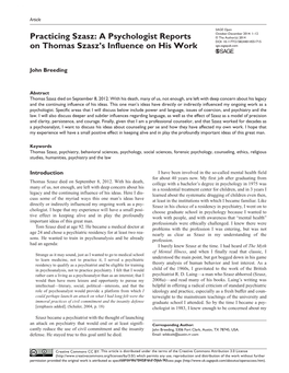 A Psychologist Reports on Thomas Szasz's Influence