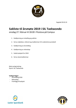 Sakliste Til Årsmøte 2019 I SIL Taekwondo Onsdag 27
